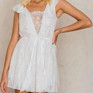 NWOT For Love & Lemons Stardust White Lace Ruffle Mini Dress Sheer Overlay S